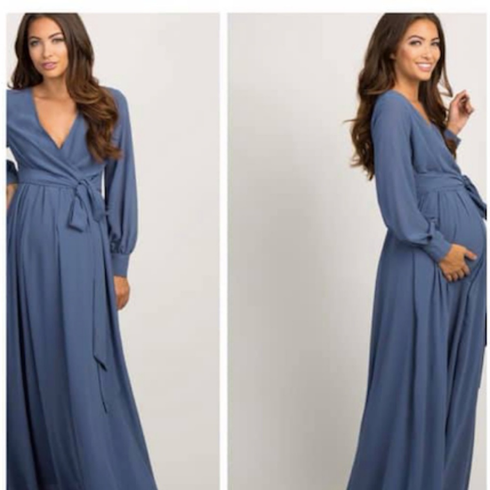 Medium Blue Chiffon Long Sleeve Pleated Maxi Dress